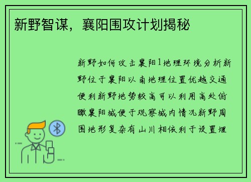 新野智谋，襄阳围攻计划揭秘