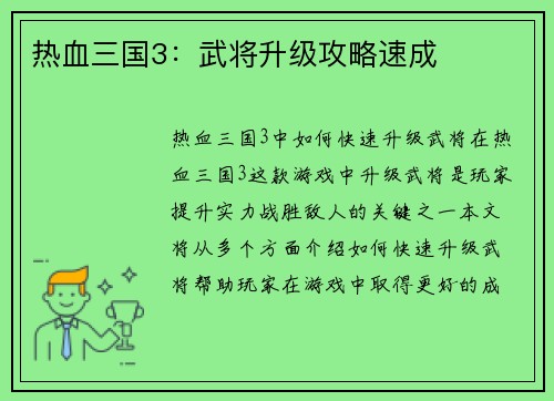 热血三国3：武将升级攻略速成