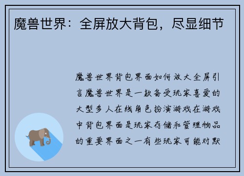 魔兽世界：全屏放大背包，尽显细节